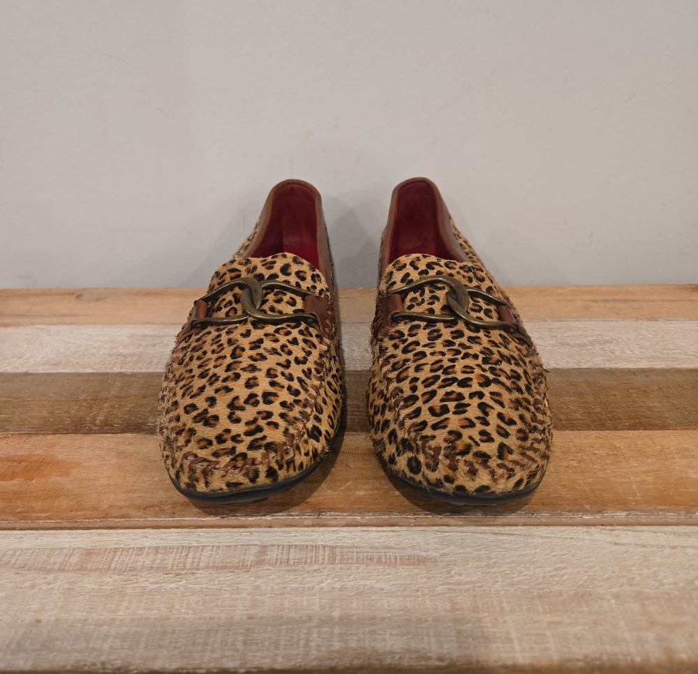 Robert Zur Leopard Print Pony Hair Slip On Flats Driving Shoes